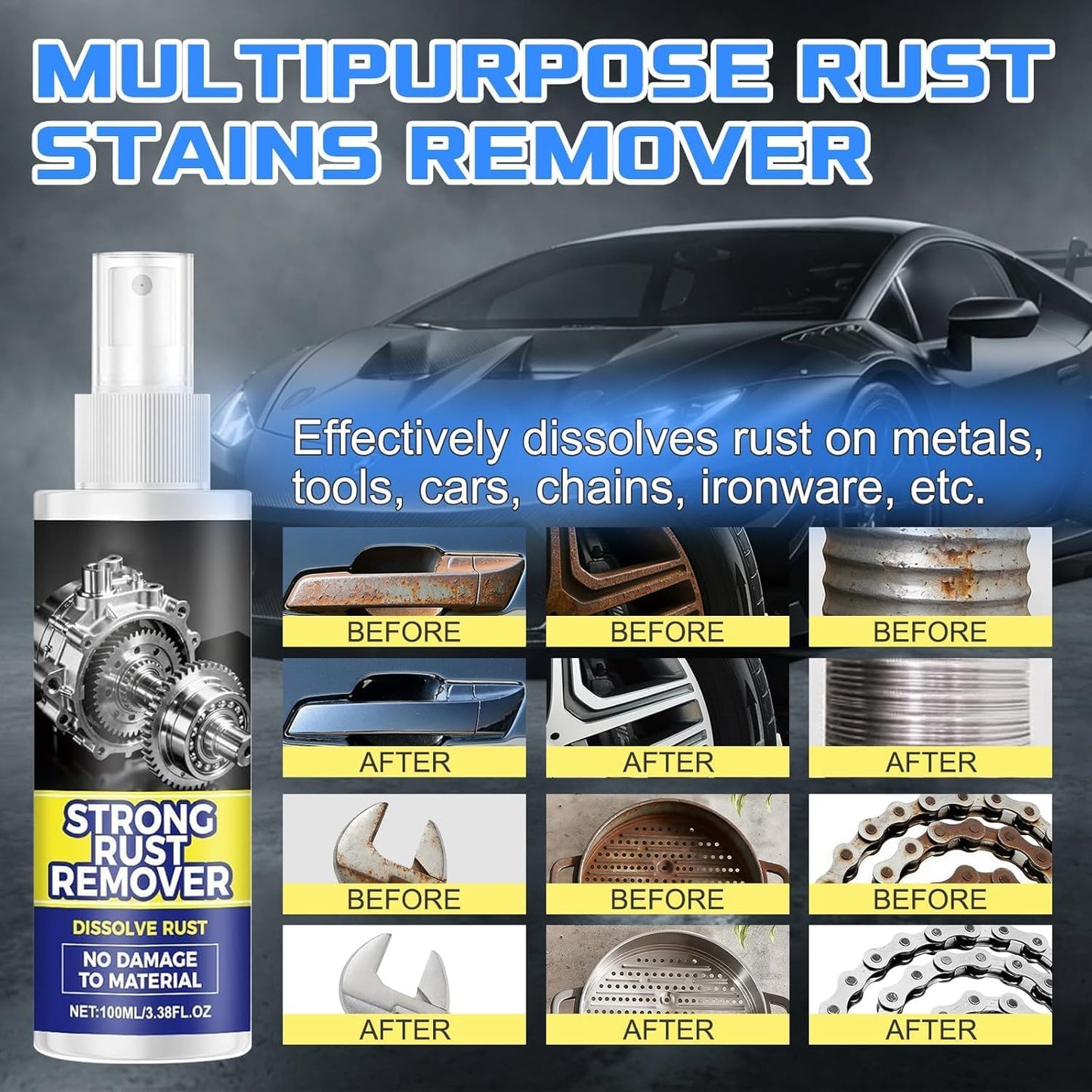 2Pcs Rust Remover Spray for Metal,2026 Upgrade Heavy Duty Metal,Multipurpose Rust Stain Remover Spray for Vehicles, Tools, Cars, Chains, Iron Out Rust Stain Remover