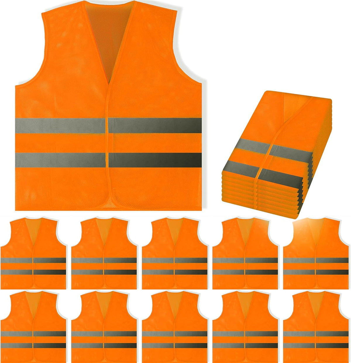 PeerBasics Safety Vests 10 Pack - Yellow Reflective High Visibility, Hi Vis Silver Strip, Men Women, Work, Cycling, Runner, Surveyor, Volunteer, Crossing Guard, Road, Construction, Neon (Mesh, 10)