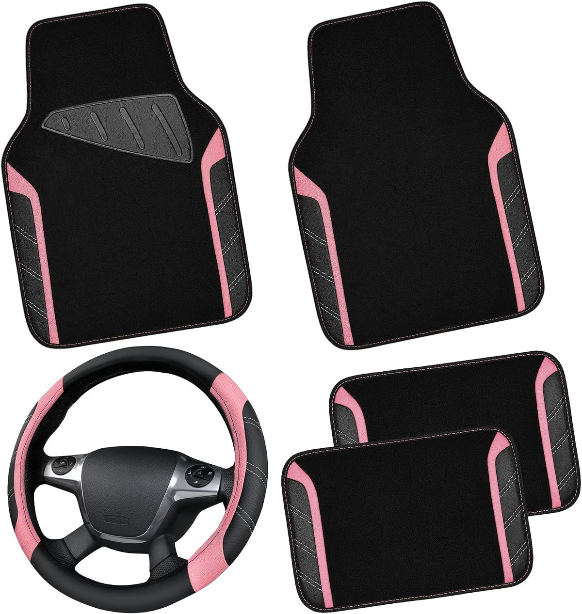 CAR PASS Air Mesh Leather Car Seat Covers Full Set, Waterproof Car Floor Mats, Sporty Steering Wheel Cover 14.5-15in, Universal Fits for 95% Cars Truck SUV (Black and Blue)