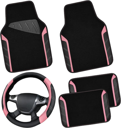 CAR PASS Air Mesh Leather Car Seat Covers Full Set, Waterproof Car Floor Mats, Sporty Steering Wheel Cover 14.5-15in, Universal Fits for 95% Cars Truck SUV (Black and Blue)