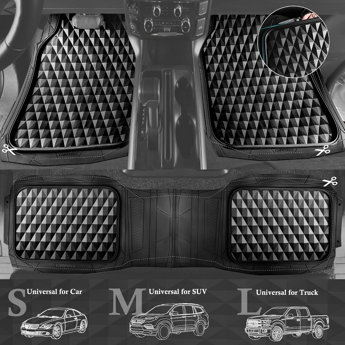 CAR PASS Heavy Duty Rubber Car Mats, Deep Dish All-Weather Floor Mat for Car Full Set Durable Anti-Slip 3D Rhombus Waterproof Trim to Fit Liner Universal Fit Automotive,Sedan,SUV,Truck, 3 Piece Black