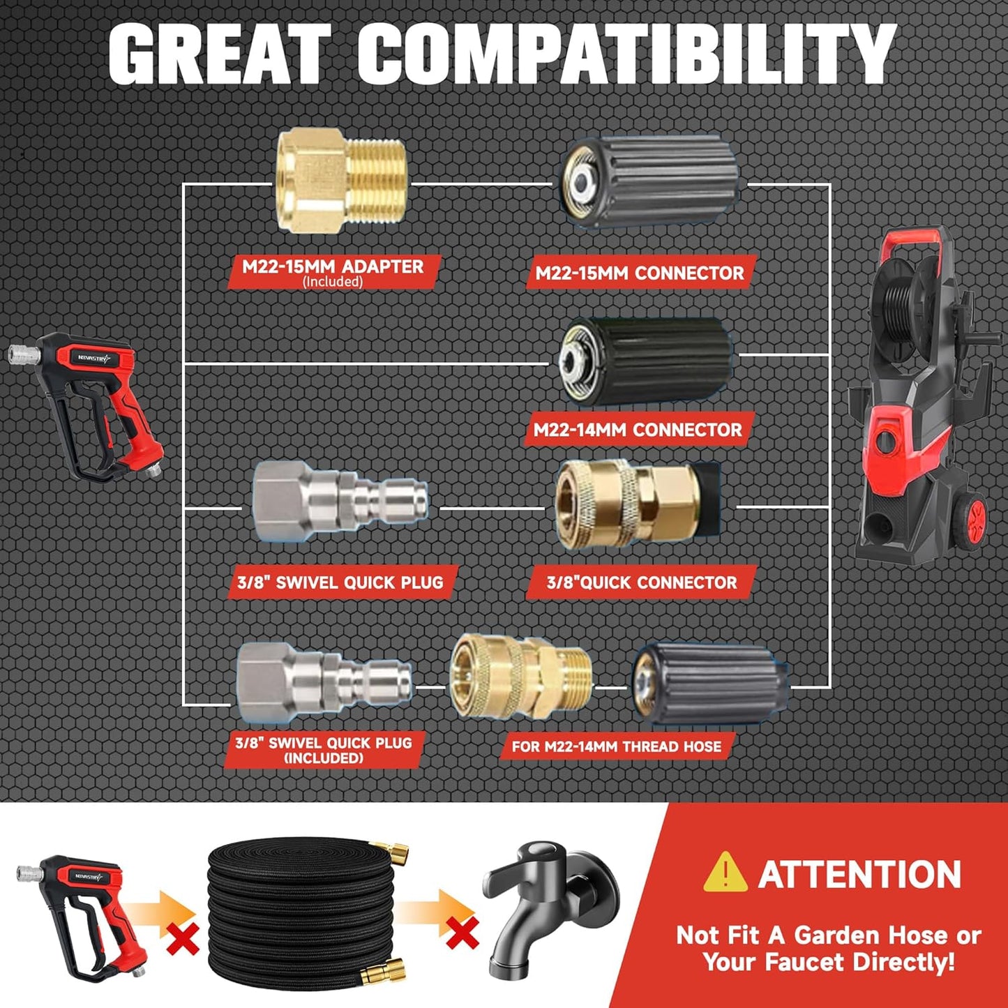 Pressure Washer Foam Cannon Gun & Sprayer Kit, Car Wash Kit, 5 Adjustable Nozzles, 1/4" Quick Connect, Fits for 1000-4000 PSI, Includes Foam Sprayer & Accessories