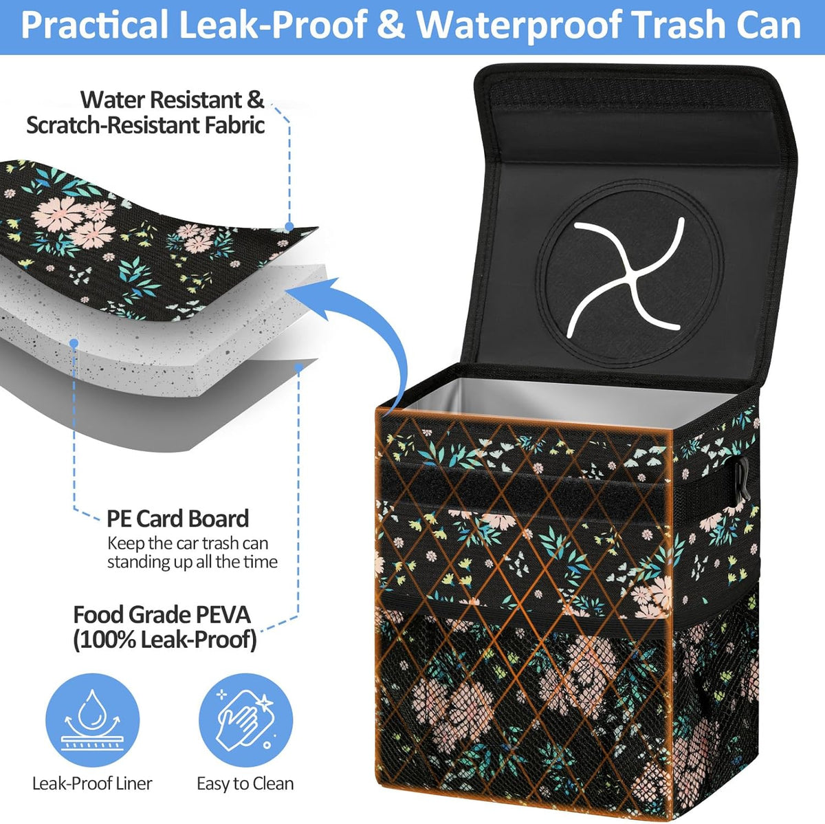 ELONGRIVER Car Trash Can Bin for Back Seat Leak Proof, Cute Car Trash Bag Hanging, Vehicle Trash Can for SUV Truck Van, Automotive Garbage Cans Front Seat Black