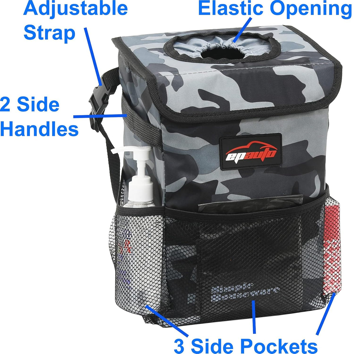 EPAuto Waterproof Car Trash Can with Lid and Storage Pockets, 2.5 Gallon, Black