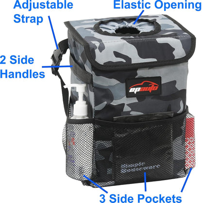 EPAuto Waterproof Car Trash Can with Lid and Storage Pockets, 2.5 Gallon, Black