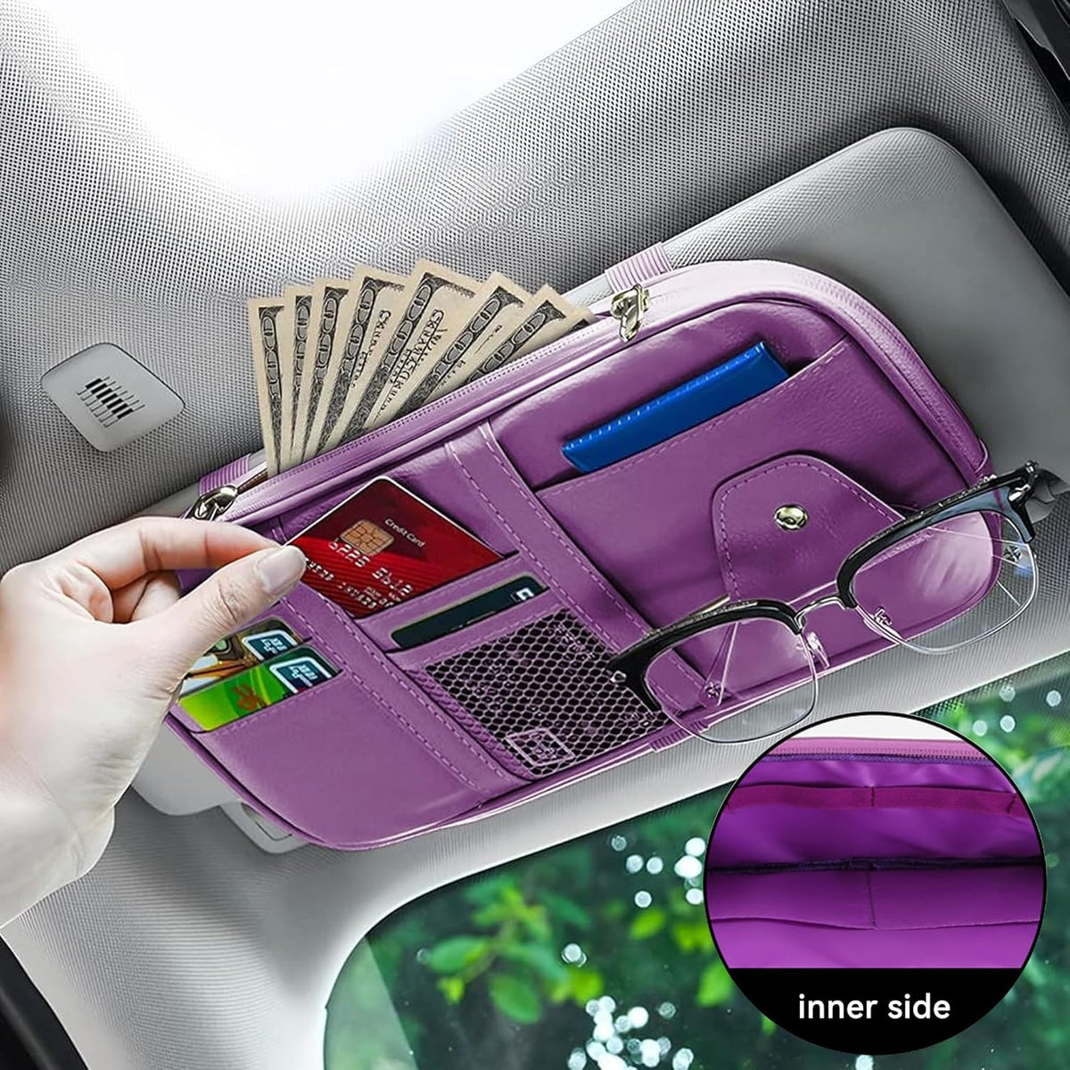Car Sun Visor Organizer, Multi-Pocket PU Leather Sunglass Holder and Storage Pocket with Net Zipper, Card Sleeve Pocket Organizer, Auto Interior Accessories for Vehicle, Truck, SUV (Gray)