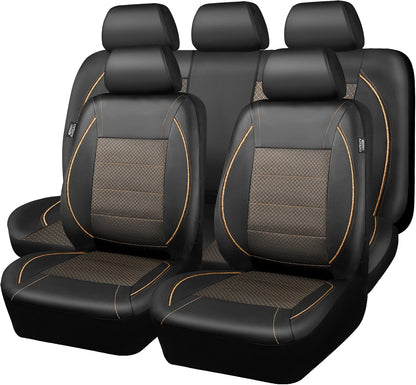 CAR PASS Universal FIT Piping Leather Two Front Seat Covers, Waterproof Faux Leather for SUV Sedan Van Truck, Airbag Compatible,Reserved Opening Holes for Headrest Covers. (Black red)