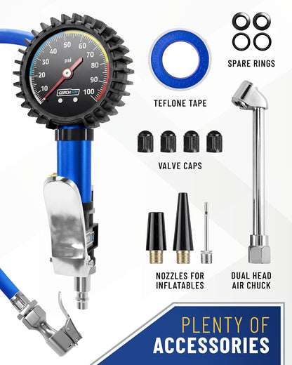 GERCHWAY Tire Inflator with Pressure Gauge and Longer Hose - Most Accurate, Heavy Duty Air Chuck with Gauge for Air Compressor Tire Inflator Attachment - 100PSI
