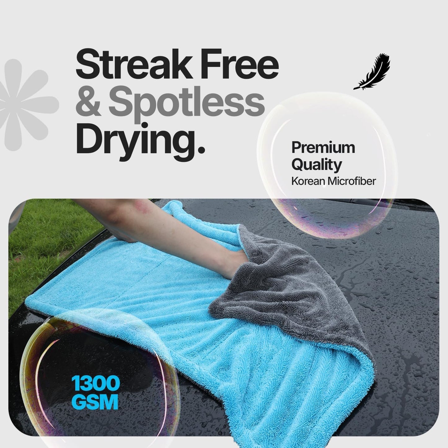 Crystal Clean 1300GSM Car Drying Towel - XL (24x36) Microfiber Towels for Cars with Double Twisted Loop, Professional Detailing Towel for Car Detailers - Quick Dry, Paint Safe & Swirl-Free