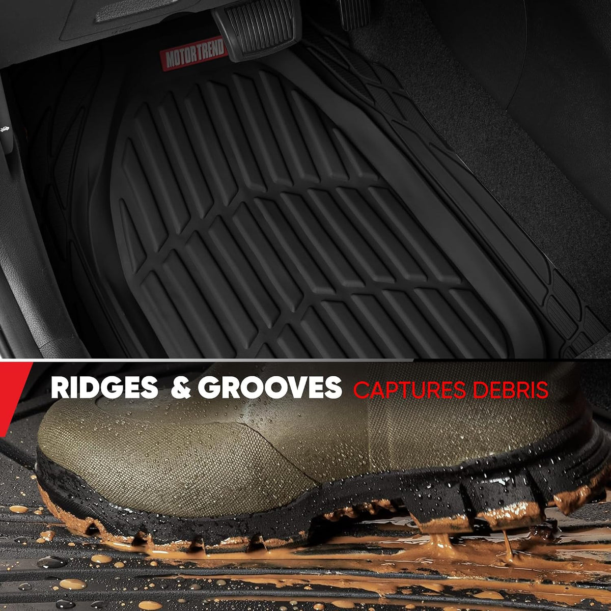 Motor Trend FlexTough 4-Piece Heavy Duty Floor Mats for Cars Trucks SUVs, Automotive Floor Mats Car Mats Full Set Front, Rear & Cargo, Trim-To-Fit Semi-Custom Deep Dish All Weather Rubber Mats - Black