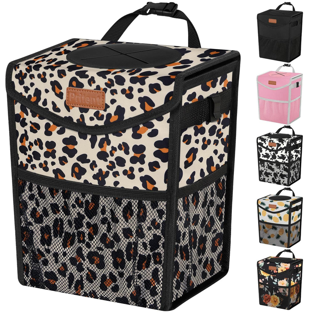 Pritent Car Trash Can with Lid, Cute Leakproof Car Trash Garbage Bag Hanging Vehicle Trash Bin Small Portable Automotive Garbage Cans Organizer for Back/Front Seat/Console(Trapezoid,Black)