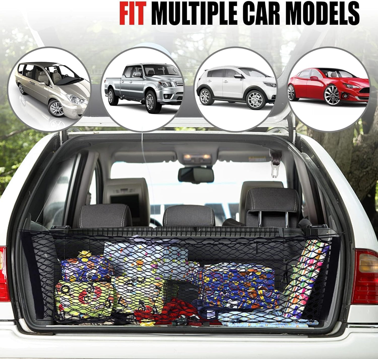 AWELCRAFT Car Rear Cargo Net, Adjustable Elastic Storage Organizer Net, Trunk Cargo Storage Net, Universal Fit for Car, Vehicle, SUV