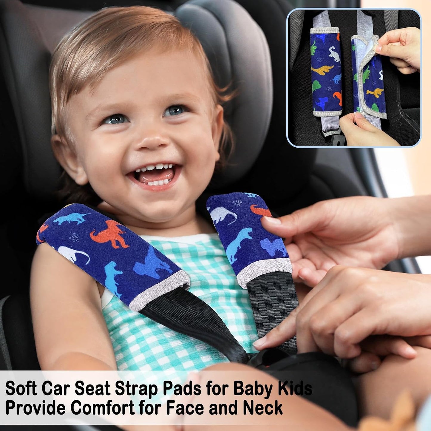 Seat Belt Cover Pad for Baby, Soft Seatbelt Cushion Covers for Kids 2Pcs Car Seat Strap Shoulder Pads for All Car Seats, Stroller, High Chair,Blue Dinosaur