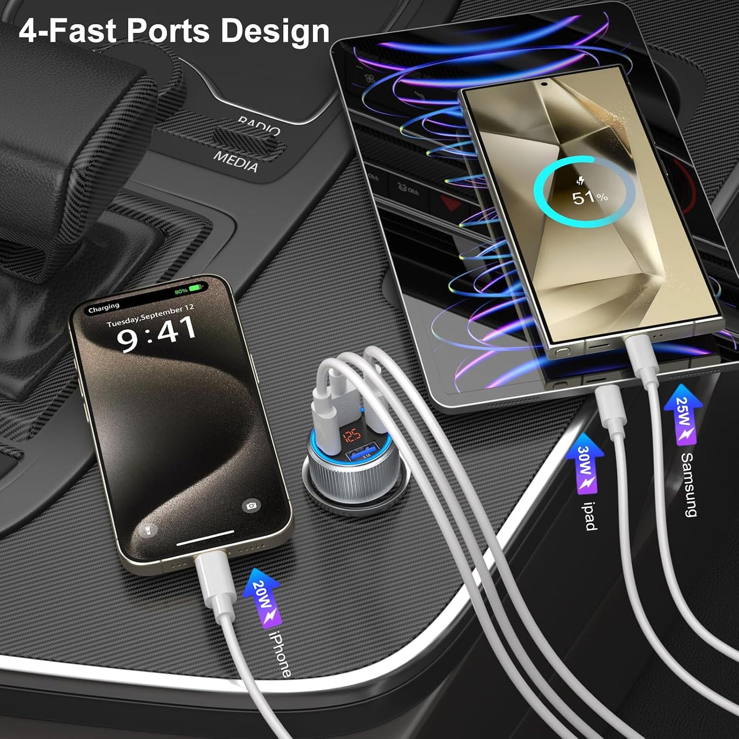 USB C Car Charger 3 Pack, Costyle 65W 4 Port Car Power Adapter with Voltmeter PD 30W/QC 3.0 Fast Charging Cigarette Lighter USB Charger Plug for iPhone 16/15/14/13/12/11 Pro Max/Pad,Android(Black)