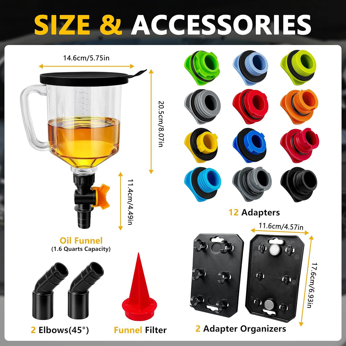 18 Pack No Spill Engine Oil Funnel Kit，1.59QT/1.5L Automotive Oil Funnel Set， 2 Magnetic Adapter Organizer Boards 12 Adapters Compatible with GM, Ford, BMW, Audi, Land Rover Etc