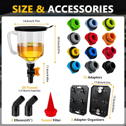 18 Pack No Spill Engine Oil Funnel Kit，1.59QT/1.5L Automotive Oil Funnel Set， 2 Magnetic Adapter Organizer Boards 12 Adapters Compatible with GM, Ford, BMW, Audi, Land Rover Etc