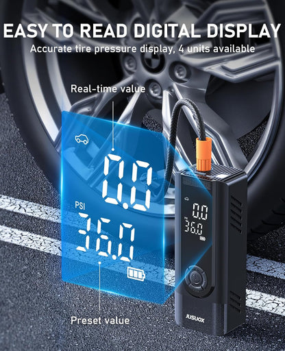 JUSUOX Tire Inflator Portable Air Compressor, Dual Power (Cordless & 12V DC) Air Pump for Car Tires, 150PSI Fast Air Pump for Moto, Bike, Large Capacity Battery, Digital Gauge with Emergency LED Light