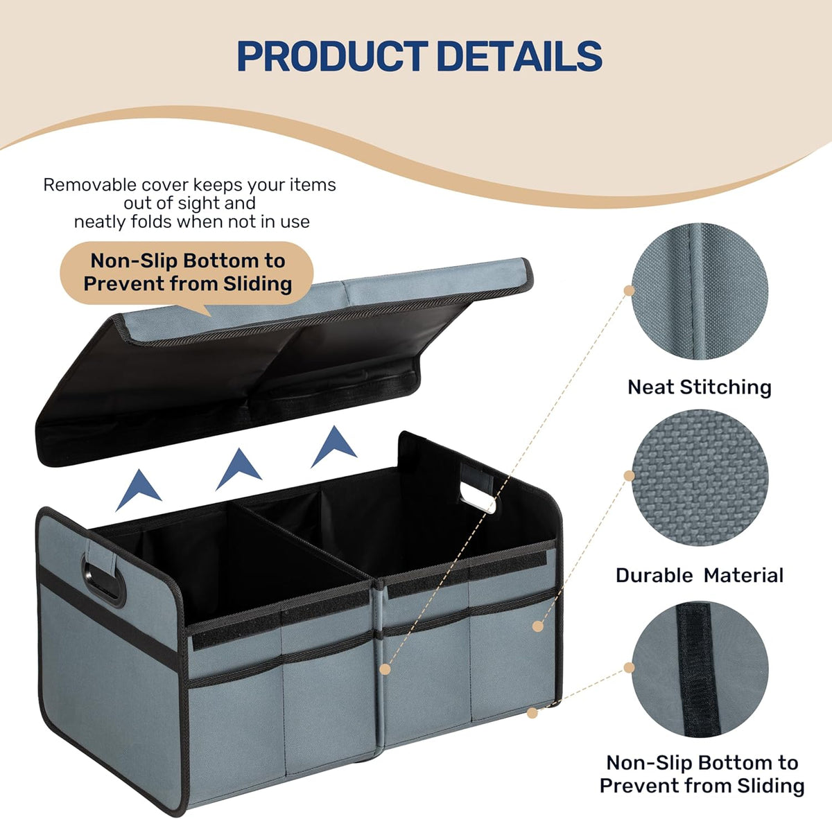 YSSOA Car Trunk Organizer, 2 Compartments Anti-slip 14" D x 22" W x 12" H Collapsible Trunk Storage, 600D Oxford Polyester Car Storage, Suitable for SUV, Minivan, Truck, Black