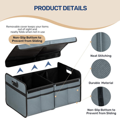 YSSOA Car Trunk Organizer, 2 Compartments Anti-slip 14" D x 22" W x 12" H Collapsible Trunk Storage, 600D Oxford Polyester Car Storage, Suitable for SUV, Minivan, Truck, Black