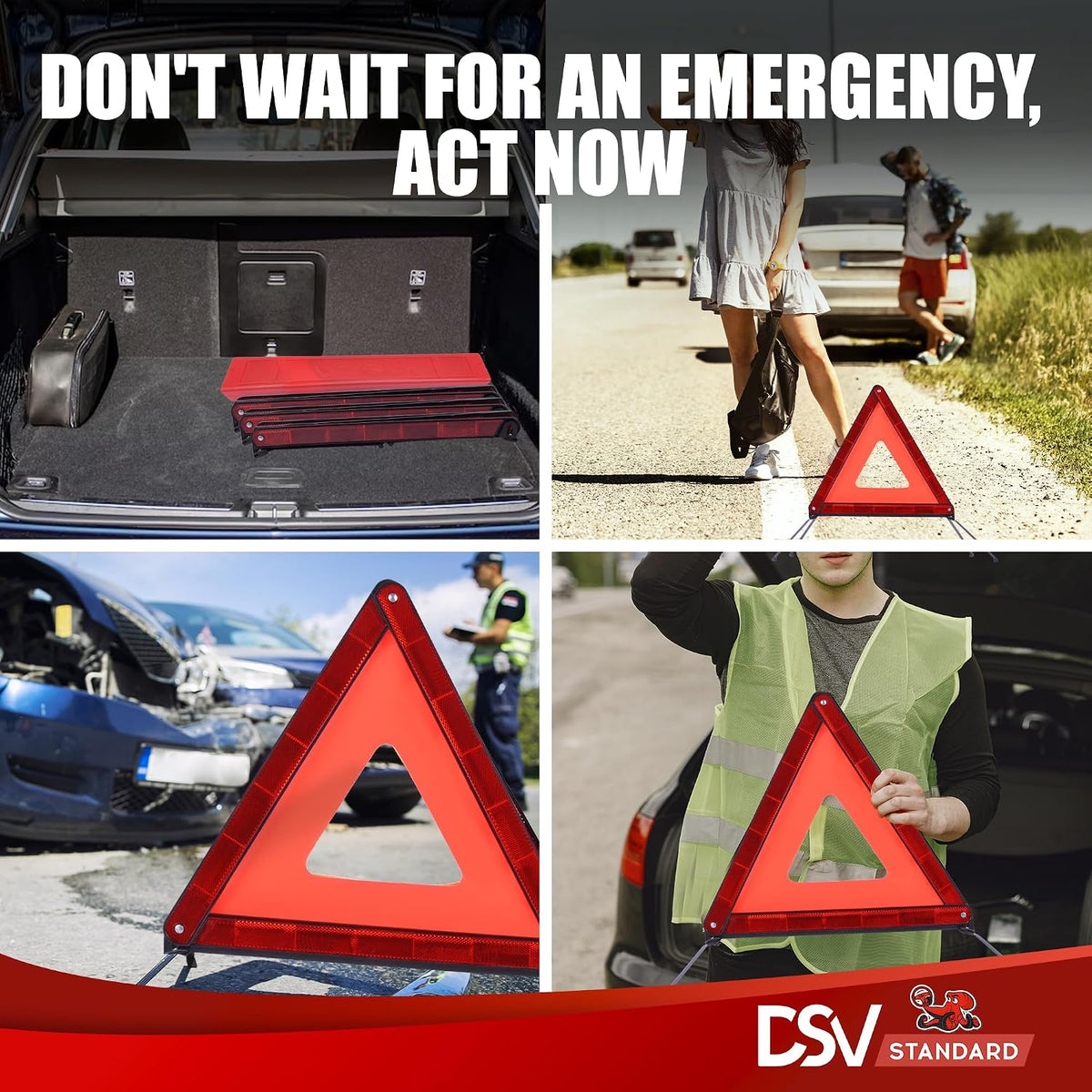 DSV Standard Emergency Triangles, Warning Triangles for Vehicles, Reflective Triangle, Safety Triangles with Case for Vehicles Breakdown, 3-Pack