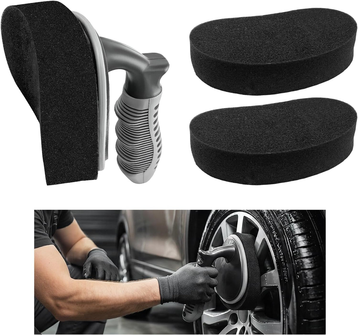 Car Tire Shine Applicator, High-Density Sponge Tyre Dressing Applicator Pad with Curved Handle, Reusable Wheel Polishing Brush Auto Detailing Foam for Applying Tire Shine (1 PCS)