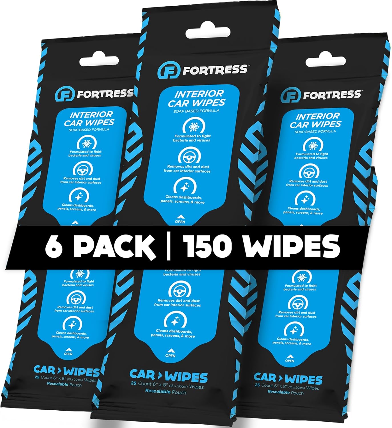 Fortress Car Interior Wipes (25 ct, Pack of 3) for Car Interior Cleaning, Dashboard, Seats, Detailing, and Steering Wheel [Travel Size] Skin-Safe Car Interior Cleaner Supplies