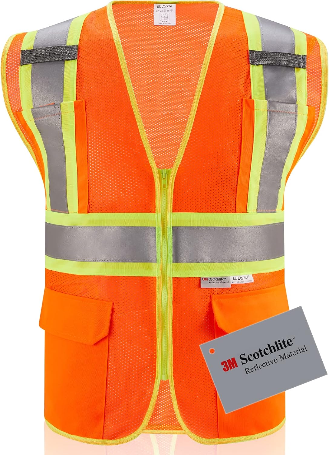 High Visibility Reflective Safety Vest with Zipper and Pockets Orange,M