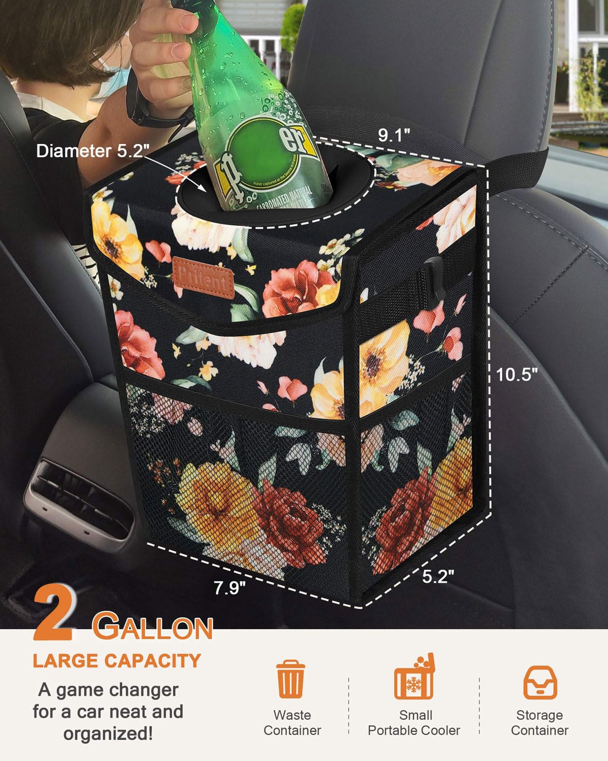 Pritent Car Trash Can with Lid, Cute Leakproof Car Trash Garbage Bag Hanging Vehicle Trash Bin Small Portable Automotive Garbage Cans Organizer for Back/Front Seat/Console(Trapezoid,Black)