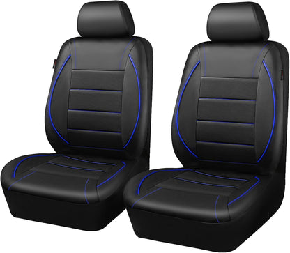 CAR PASS Universal FIT Piping Leather Two Front Seat Covers, Waterproof Faux Leather for SUV Sedan Van Truck, Airbag Compatible,Reserved Opening Holes for Headrest Covers. (Black red)