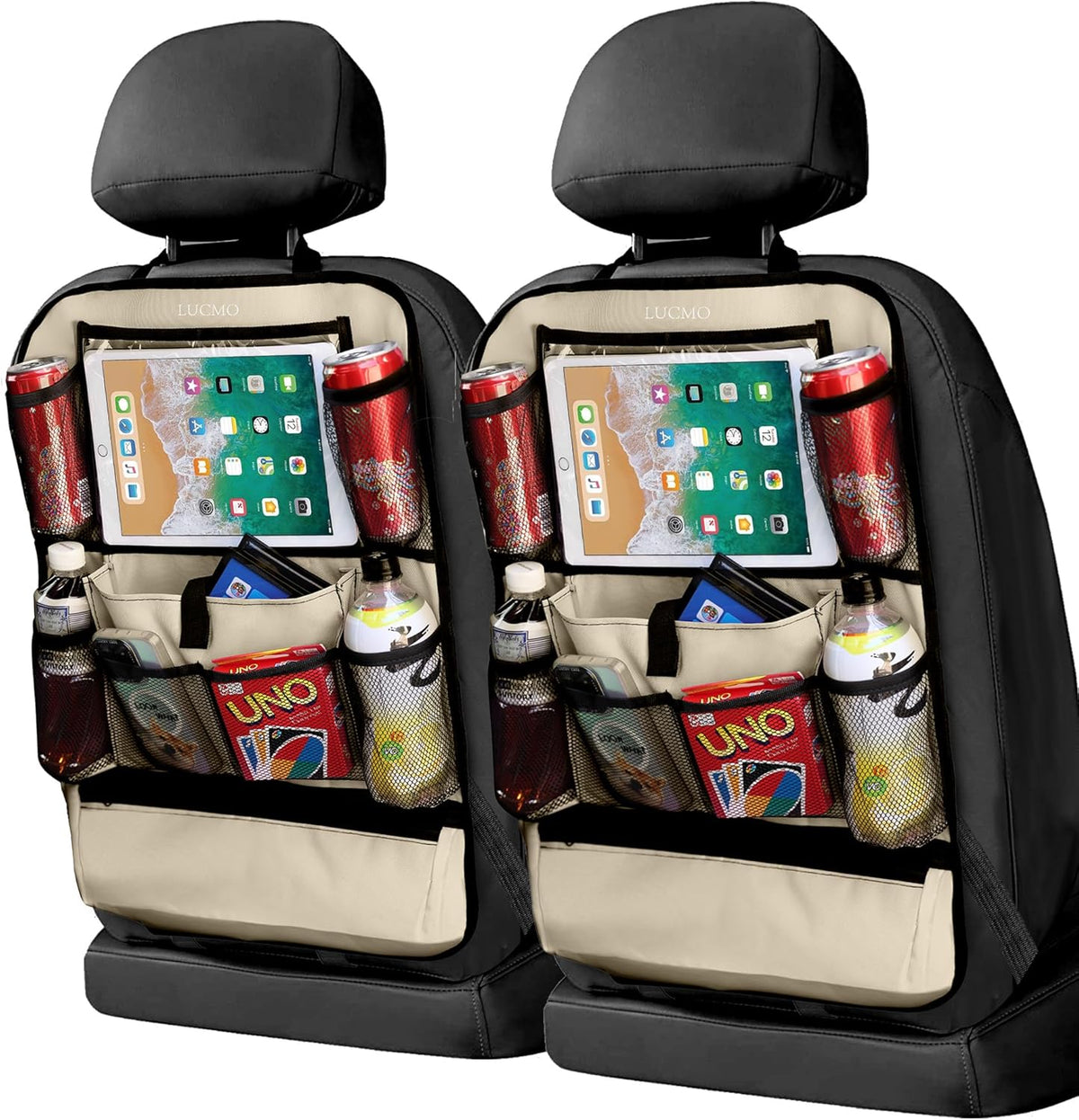 LUCMO Car Backseat Organizer with Tablet Holder,6 Storage Pockets Car Storage Organizer with Foldable Food Tray,Protectors Kick Mats Travel Accessories-Black