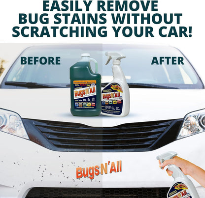 Bugs N’ All Multipurpose Car Cleaner & Degreaser - Bug & Tar Remover Concentrate 4 oz - Exterior Cleaner Safe for Car Paint, Metal, Chrome, Aluminum, Windows & Mirrors - w/Free 32 oz Spray Bottle
