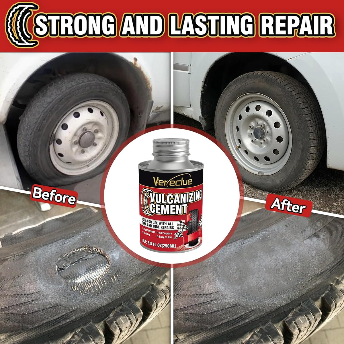 Chemical Vulcanizing Cement, Clear Tire Repair Glue, All Purpose Rubber Cement, Heavy Duty Tire Patch Kit with Brush Top Can for Car, Motorcycle, Bike, 8.5Oz