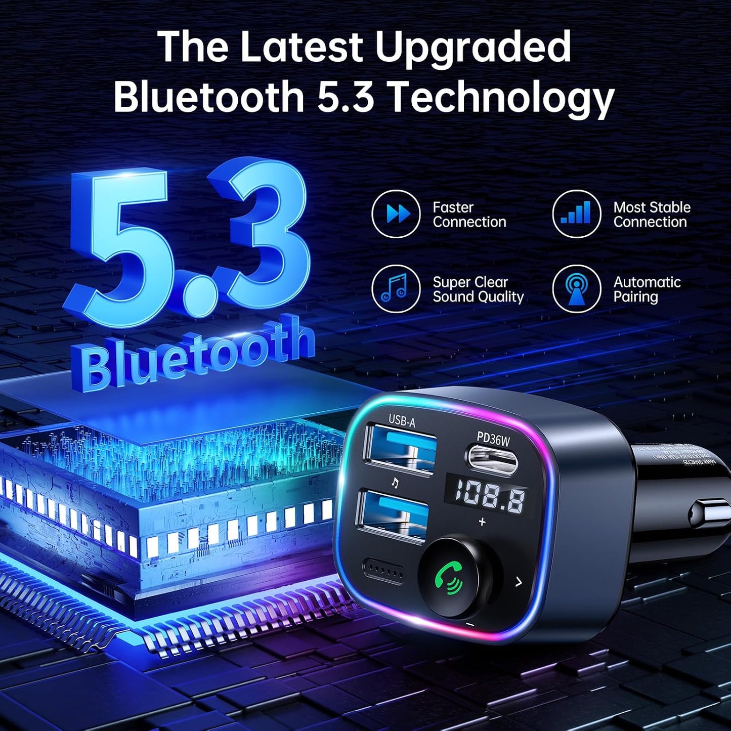 Syncwire Bluetooth 5.4 FM Transmitter Car Adapter 48W (PD 36W & 12W) [Light Switch] [HiFi Bass Sound] [Fast Charging] Wireless Radio Music Adapter LED Display Hands-Free Calling Support USB Drive