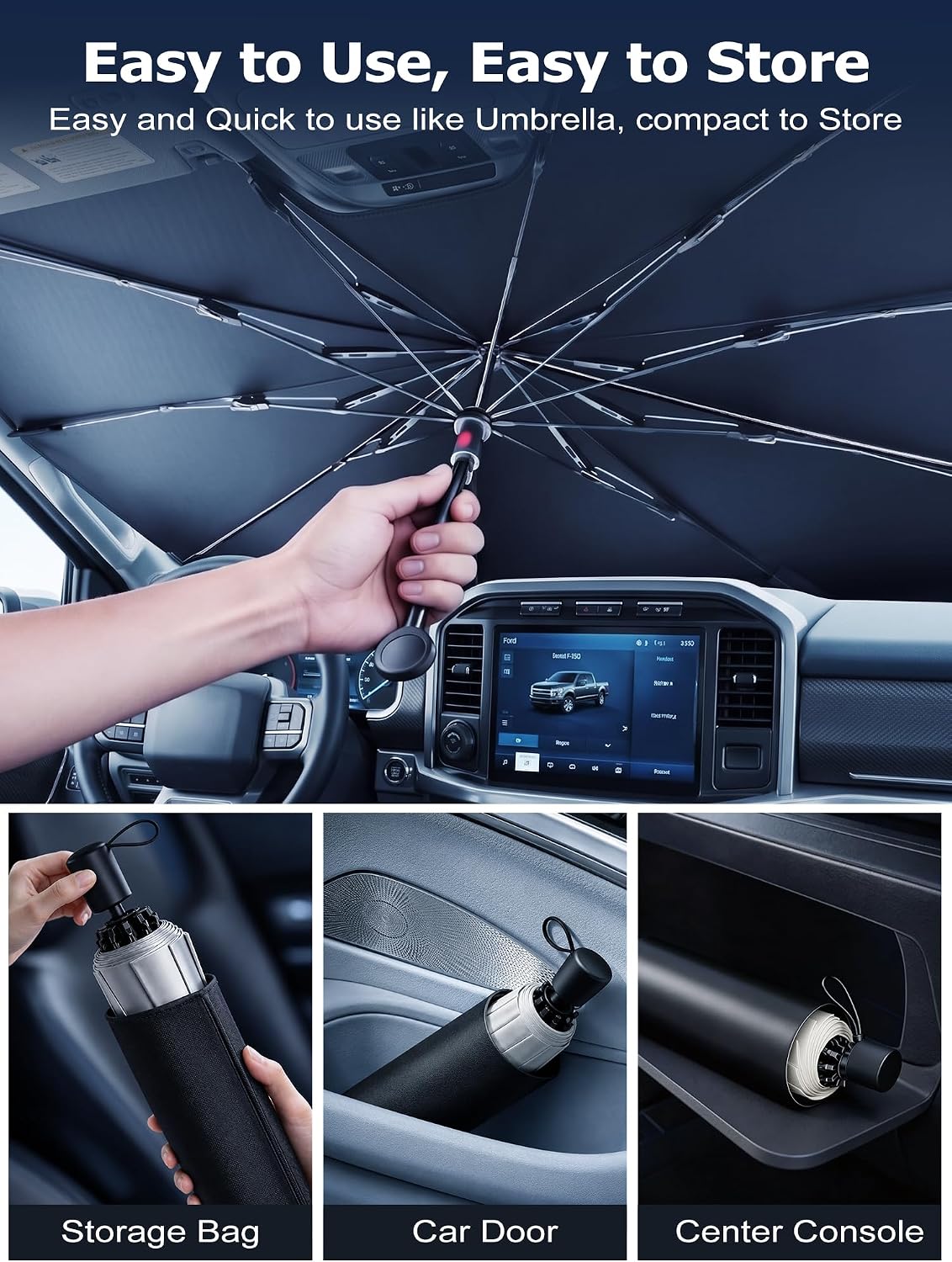 DMJN Umbrella Windshield Sun Shade - Medium, Car Sunshade for Front Windshield [Nano Ice-Crystal Coatings] UPF50+ Heat & UV Block, Protect Interior & Keep Cooler Universal for Car, SUV, Truck