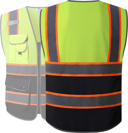 JKSafety 9 Pockets Class 2 High Visibility Zipper Front Safety Vest With Reflective Strips,Meets ANSI/ISEA Standard (Large, 150-Yellow) - Colors B