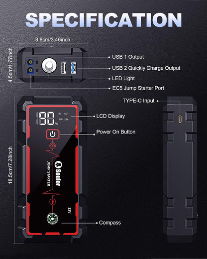 Jump Starter, Battery Jumper Starter Portable, Car Battery Jump Starter with 3 Modes Flashlight, Compass, Power Bank and Jumper Cable