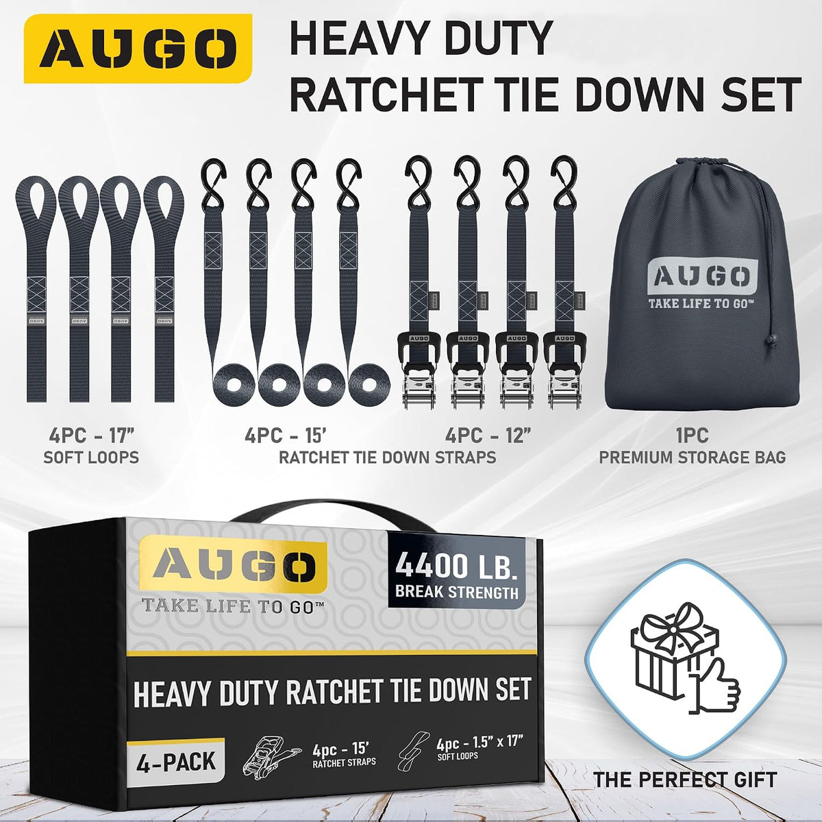 AUGO Ratchet Straps Heavy Duty 4 Pack -15 FT - 2200 LB Break Strength – with Safety Lock S Hooks - Cargo Straps for Moving, Appliances, Motorcycle – Soft Loop Tie Down Straps