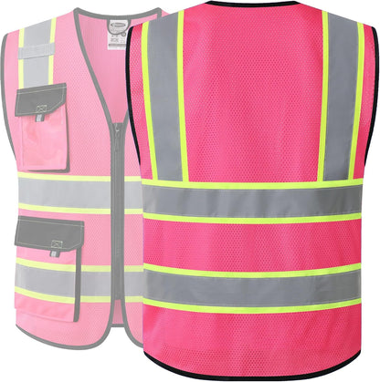 JKSafety Hi Vis Reflective Safety Vests for Men Women High Visibility Vest with Pockets Mesh Fabric Construction Safety Apparel Neon Vest for Work (220-Black L)