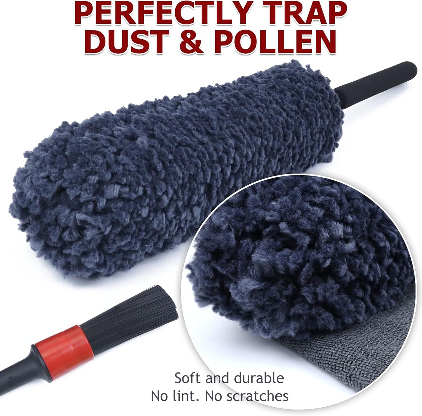 Car Duster Interior by TAKAVU, 360° Microfiber Fingers, Unbreakable Comfort Handle, Lint and Scratch Free, Include Microfiber Towel, for Car & Home Use, The Best Auto Accessories Gray