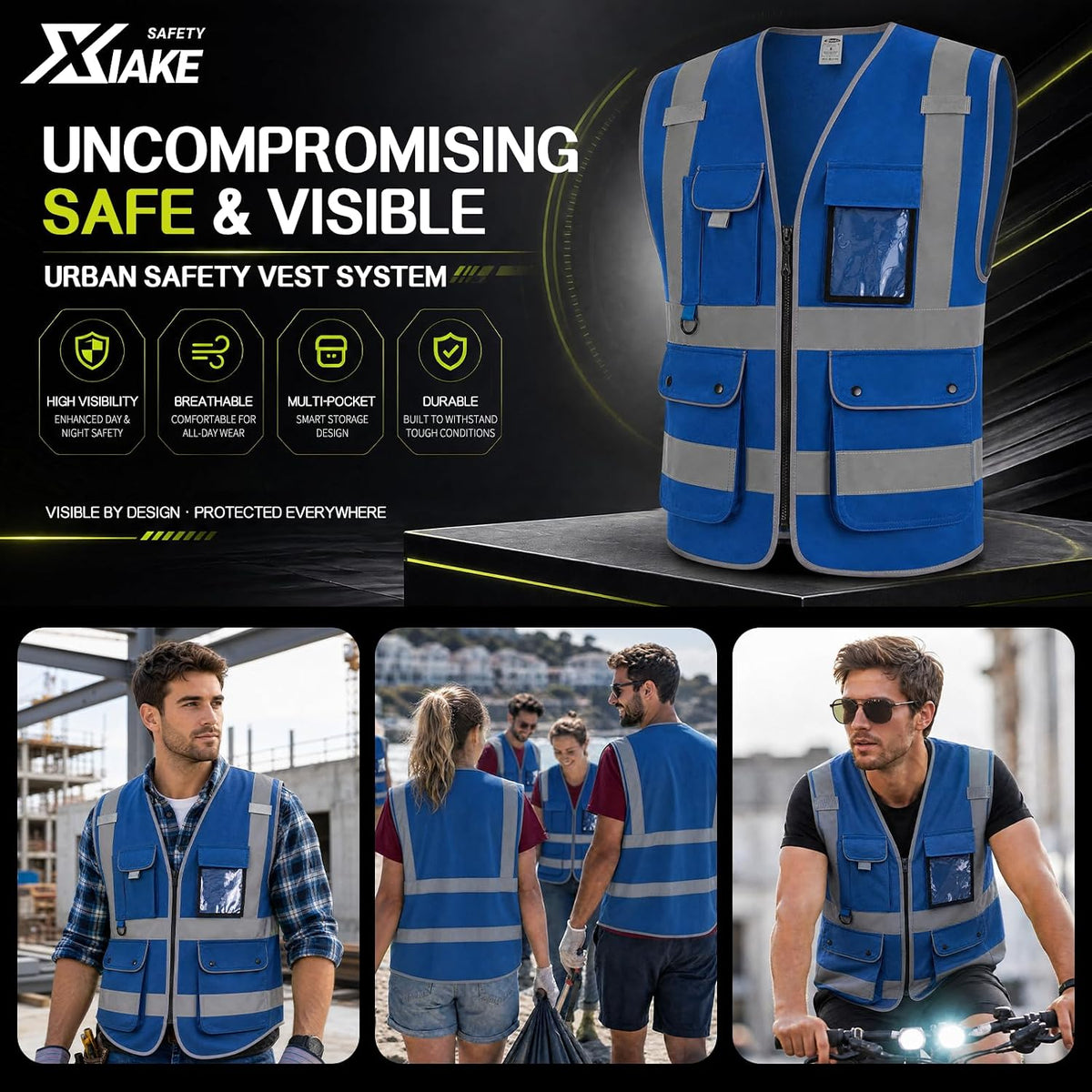XIAKE Reflective Safety Vest for Men & Women High Visibility Class 2 Vest with Pockets Meets ANSI Standards
