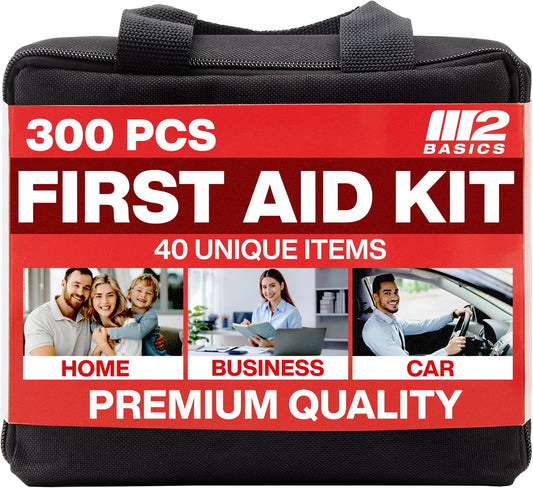 M2 BASICS 300 Piece Premium First Aid Kit w/Durable Bag for Home, Business | Office, Workplace, Car, Garage, Kitchen, Family, Classroom, Jobsite, Warehouse, School, Vehicle And Emergency Preparedness