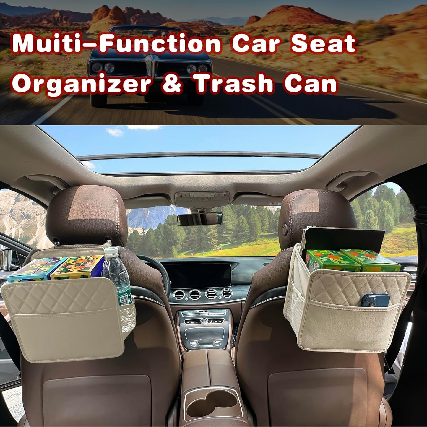Witaxima Upgrade Car Seat Organizer Backseat with Storage Pockets, Multipurpose Car Organizer Hanging, Car Trash Bag Can,Premium PU Leather Garbage Can 2.14 Gallon Large Capacity, Black.