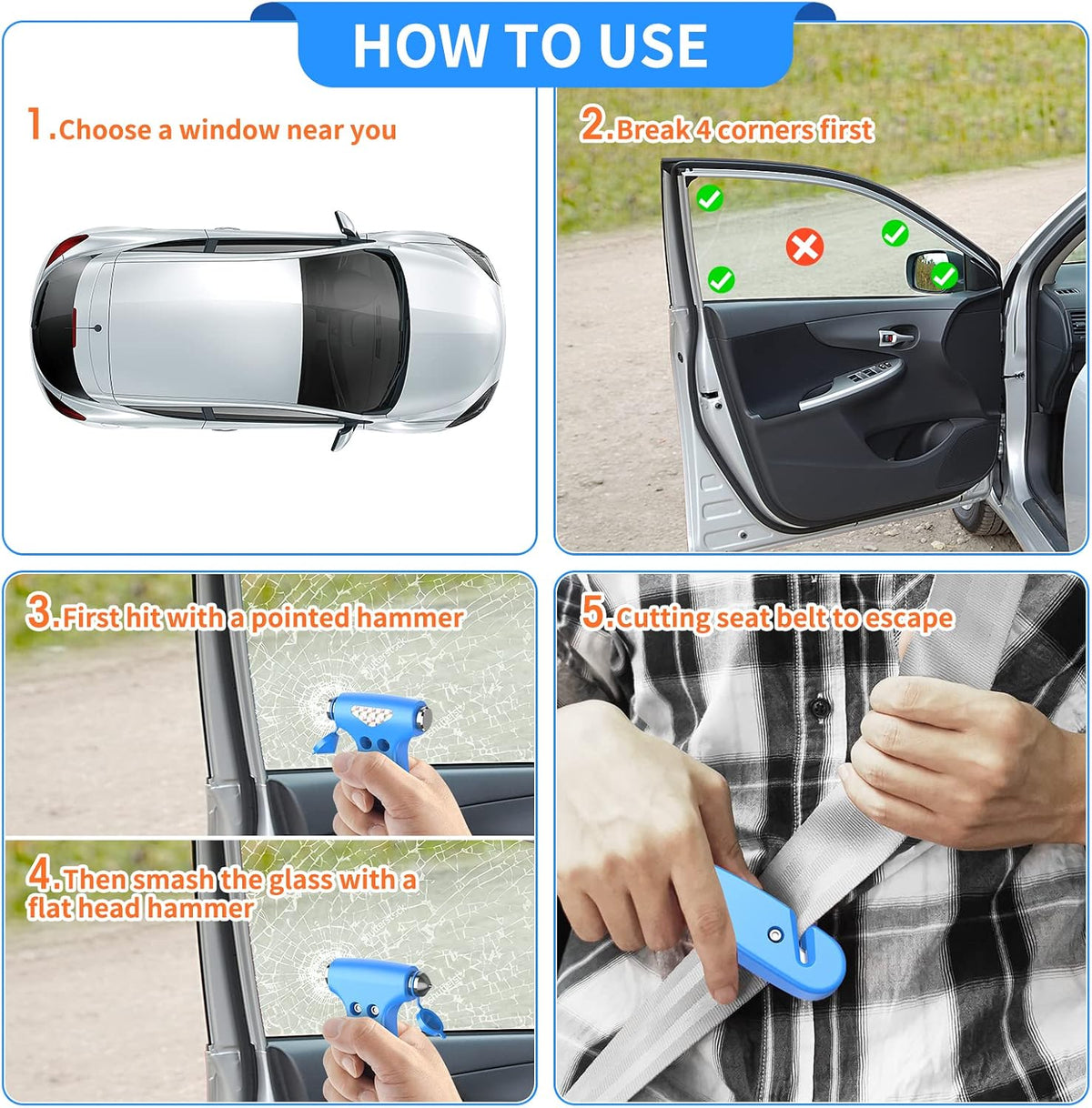 Car Safety Hammer, 2PCS Black 3-in-1 Emergency Escape Tool with Window Breaker and Seat Belt Cutter, Safety Emergency Car Escape Tool for Car, Office, Home