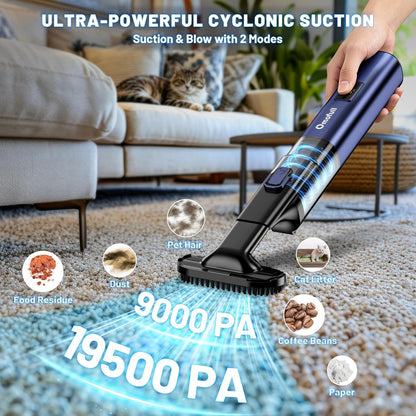 Car Vacuum Portable Cordless, 19500Pa 4-in-1 Handheld Vacuum Cordless Vacuum Cleaner&Air Duster with Multi-Nozzles, 140W Hand Cordless Rechargeable Vacuum Cleaners for Car, Home, Office, Pet
