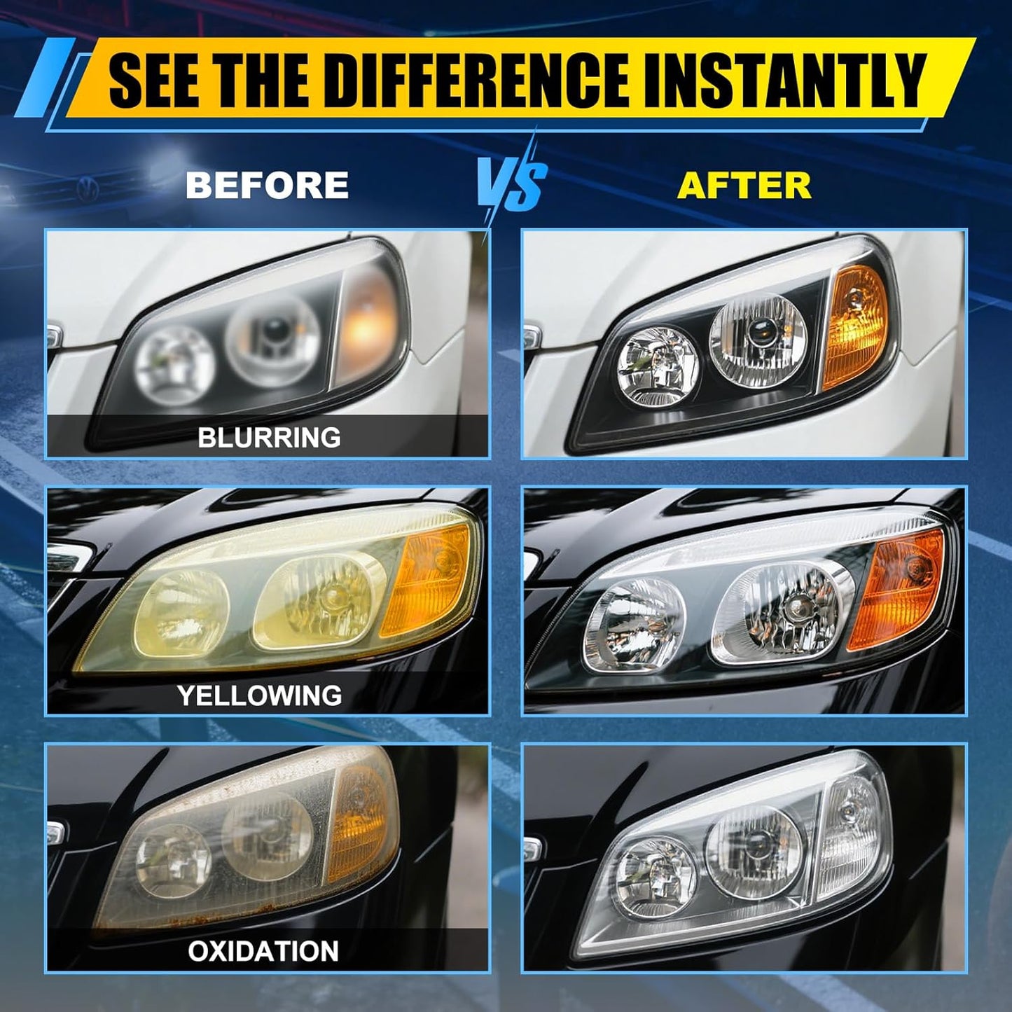 Headlight Cleaner & Restorer Kit – Instant Oxidation, Yellowing & Road Grime Remover – Revives Cloudy Headlamps to Crystal Clear – Includes Sponge & Towel – 5oz/150ml for Cars, Trucks & SUVs