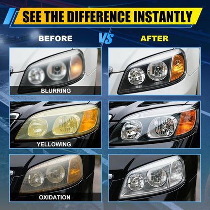 Headlight Cleaner & Restorer Kit – Instant Oxidation, Yellowing & Road Grime Remover – Revives Cloudy Headlamps to Crystal Clear – Includes Sponge & Towel – 5oz/150ml for Cars, Trucks & SUVs