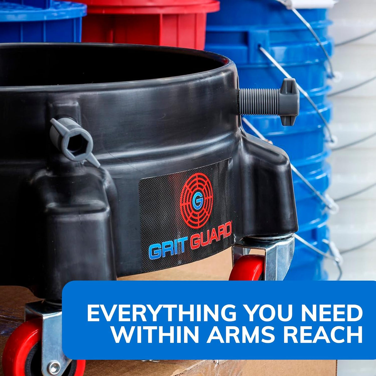 GRIT GUARD Bucket Dolly with Wheels - Rolling Detailing Wash Bucket with 5 Wheels and 2 Locking Casters Compatible with 2.5, 4, 5 and 6 Gallon Buckets (Black, 2" Red Casters) - Made in the USA