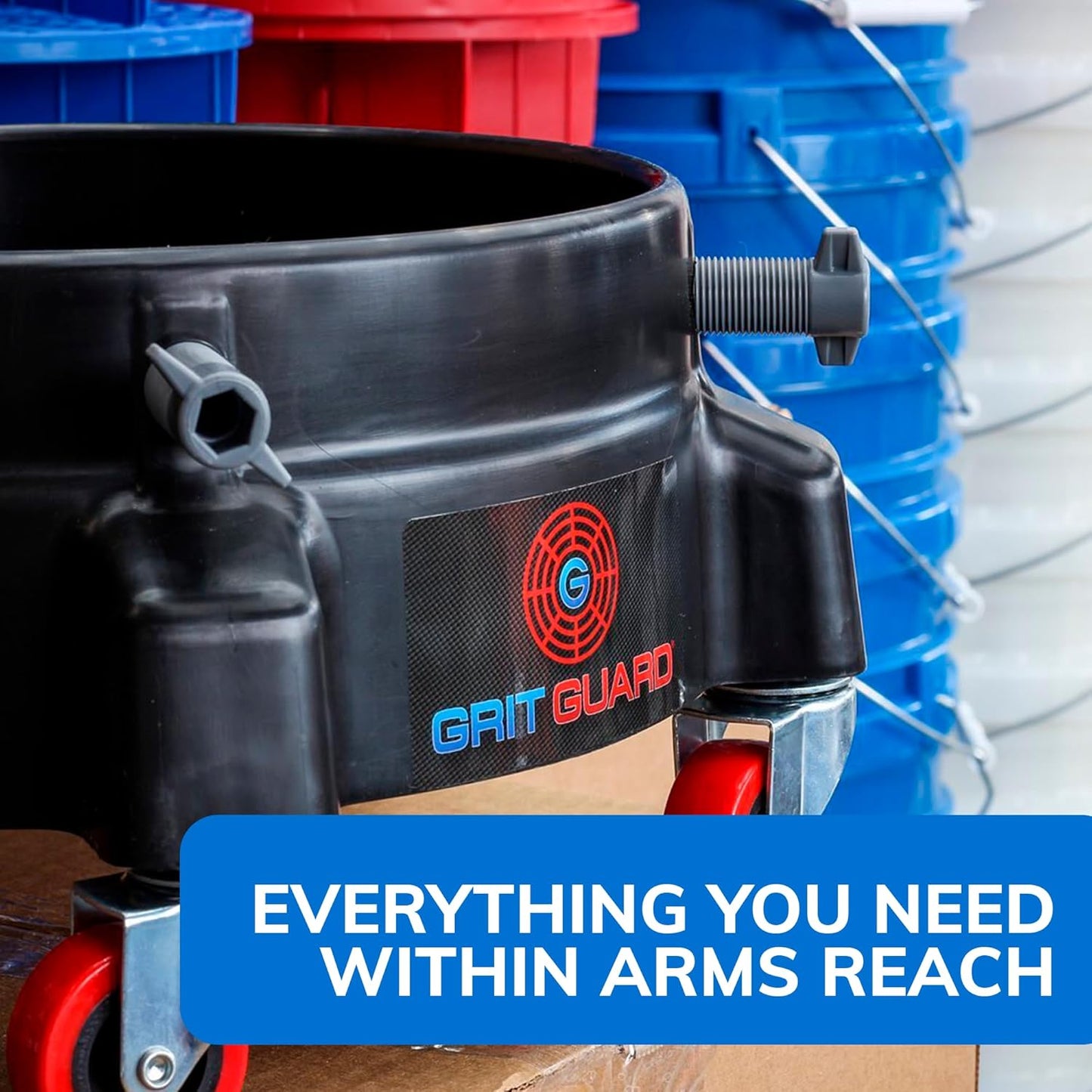 GRIT Guard Bucket Dolly with Wheels - Rolling Detailing Wash Bucket with 5 Wheels and 2 Locking Casters Compatible with 2.5, 4, 5 and 6 Gallon Buckets (Black, 2" Red Casters) - Made in the USA