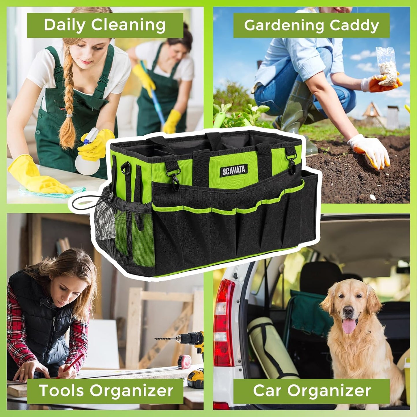 SCAVATA Wearable Cleaning Caddy Bag, Supplies Organizer with Handle & Shoulder Straps for Housekeepers, Under Sink & Car Cleaning Tool Organizer with 4 Foldable Dividers (Black)