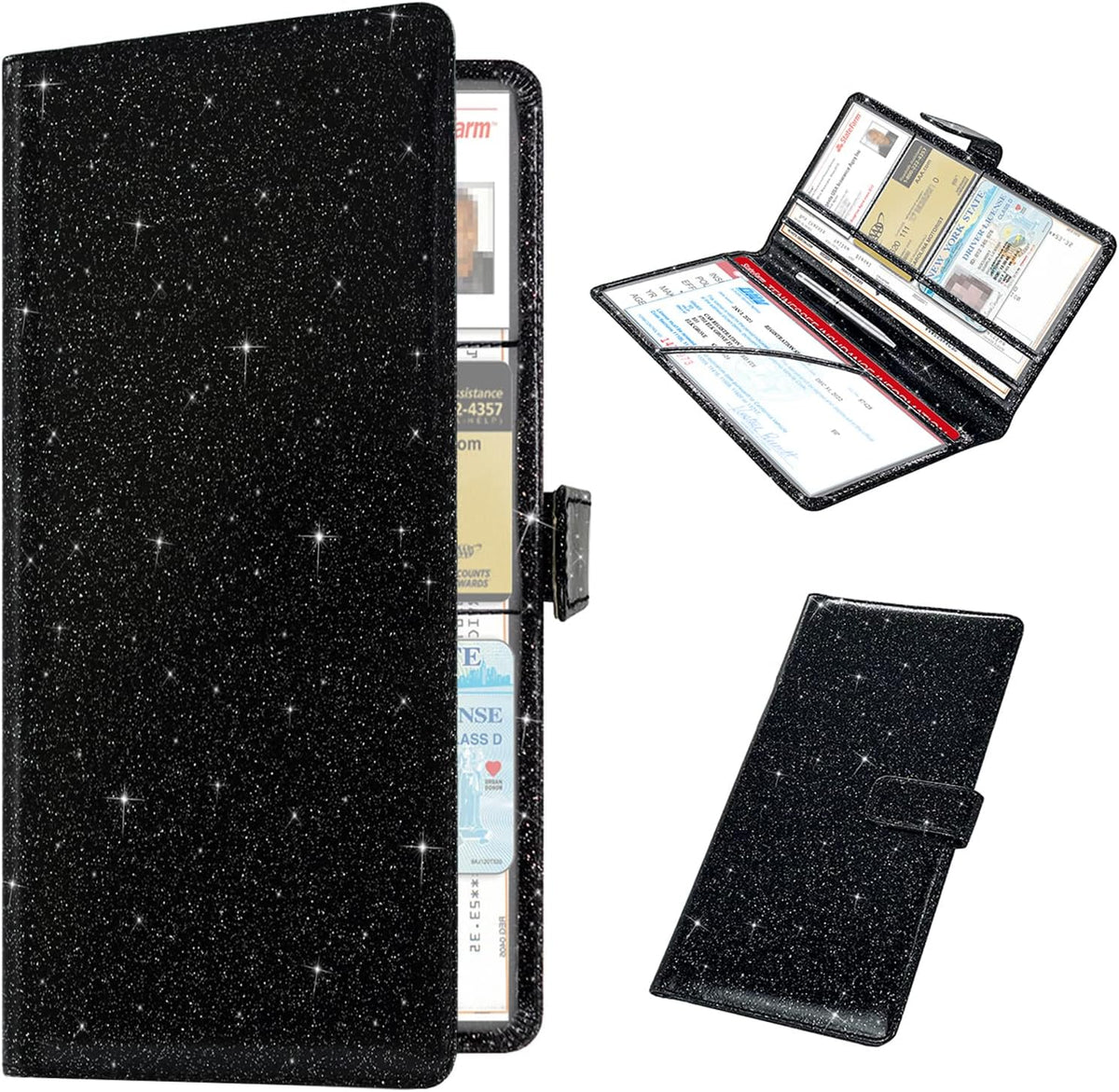 RSAquar Car Registration and Insurance Holder, Vehicle Glove Box Organizer Cool Car Accessories, Auto Truck Document Holder for Cards, Driver License, Black Glitter